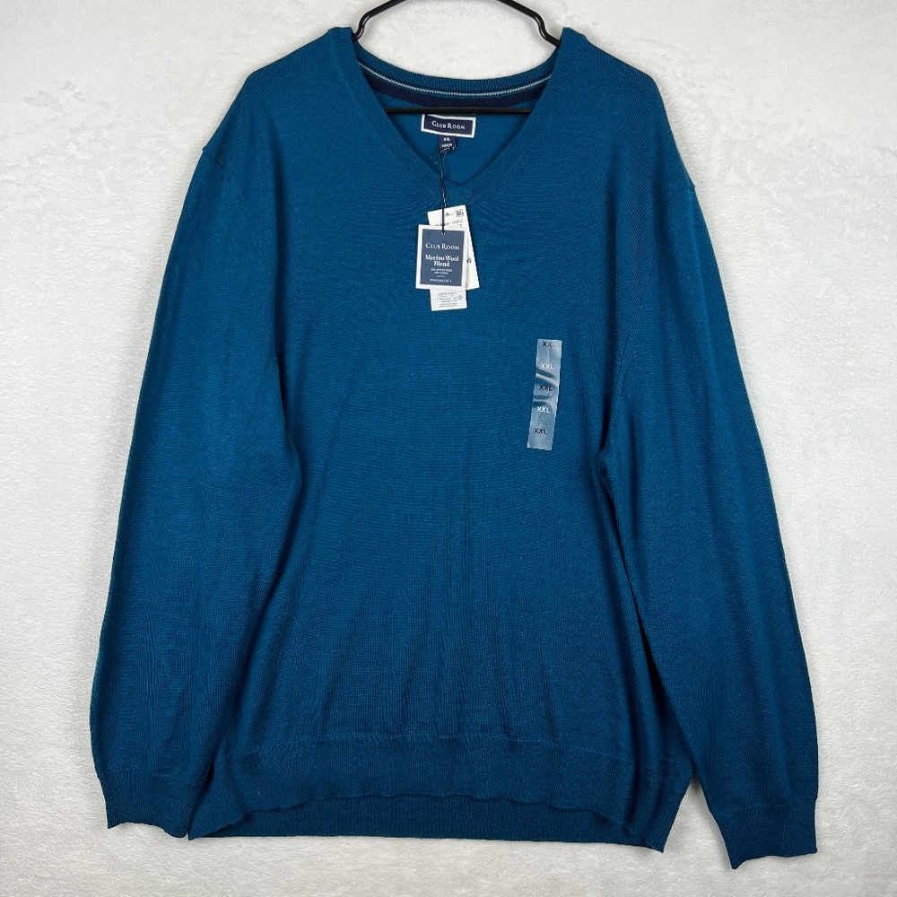 Club Room Merino Wool Blend V Neck Pullover Sweater Mens 2XL Blue Long Sleeve